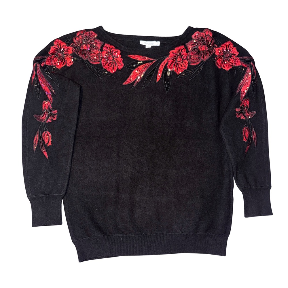 Chicos Black Floral Embroidered Sequin Knit Sweater Size 0 US Small 3/4 Sleeve